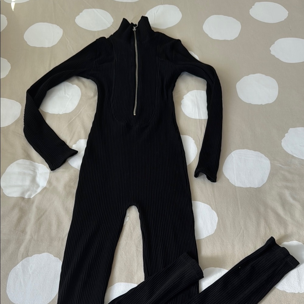 Zara Black Ribbed Jumpsuit with Zipper